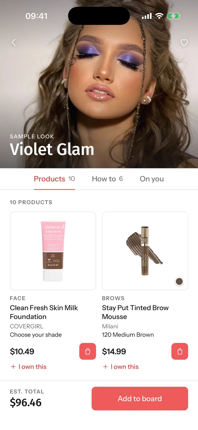 Lewk's result for the violet glam look: the look photo above a grid of products with prices and shop buttons